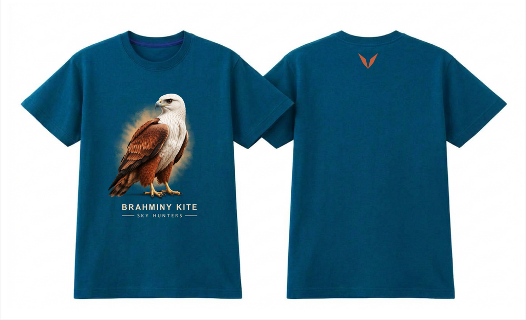 Front and back preview of the Voltare Brahminy Kite Sky Hunters T-shirt, with illustrated kite artwork and a small rust-orange Voltare V logo on the upper back.