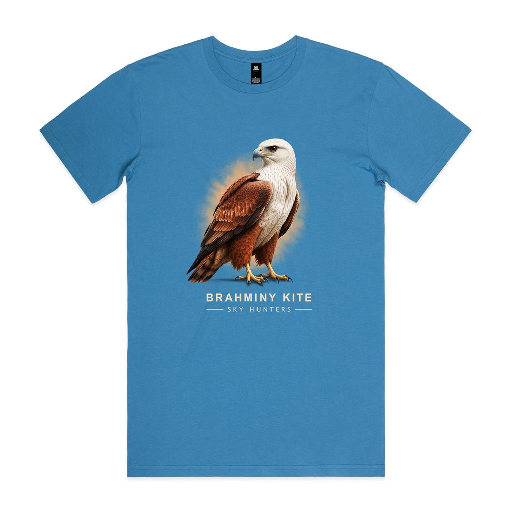 Front of the hydro blue Voltare Brahminy Kite Sky Hunters T-shirt with an illustrated bird featuring a white head and chestnut wings against a warm amber backdrop.