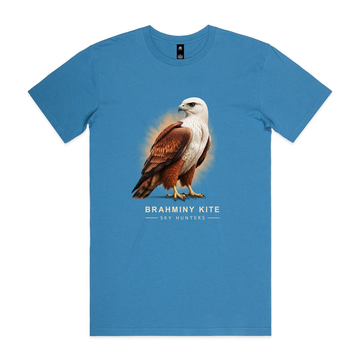 Front of the hydro blue Voltare Brahminy Kite Sky Hunters T-shirt with an illustrated bird featuring a white head and chestnut wings against a warm amber backdrop.