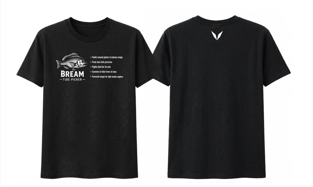 Front and back preview of the Black Voltare Bream Tide Picker Fishing tee with white bream artwork, a fishing fact panel and a white back V
