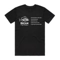 Black Voltare Bream Tide Picker fishing tee featuring a detailed white bream illustration, Bream Tide Picker lettering and a fishing fact panel