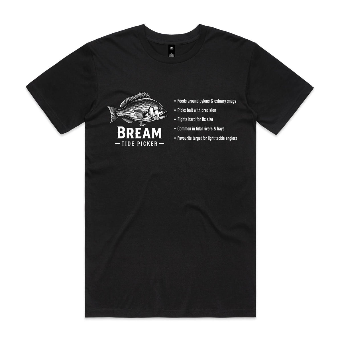 Black Voltare Bream Tide Picker fishing tee featuring a detailed white bream illustration, Bream Tide Picker lettering and a fishing fact panel