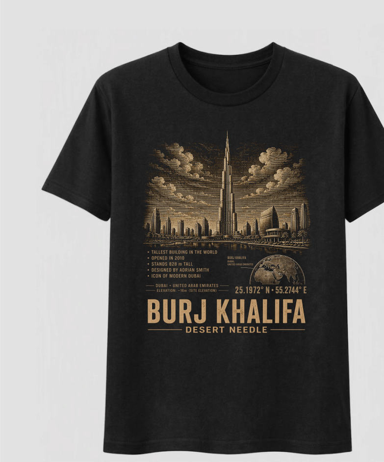 Front of the Black Voltare Burj Khalifa Desert Needle tee, featuring gold-toned tower and Dubai skyline artwork above historical facts, a location map, coordinates and Burj Khalifa Desert Needle lettering