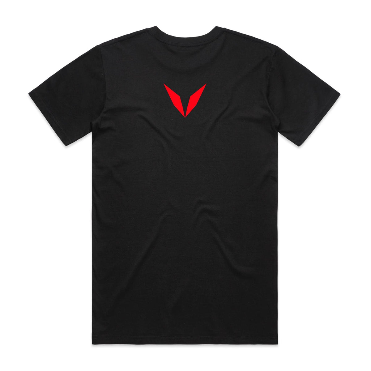 Back of Voltare Burnout Pit Tyre Fryer black tee with bright-red Voltare V logo