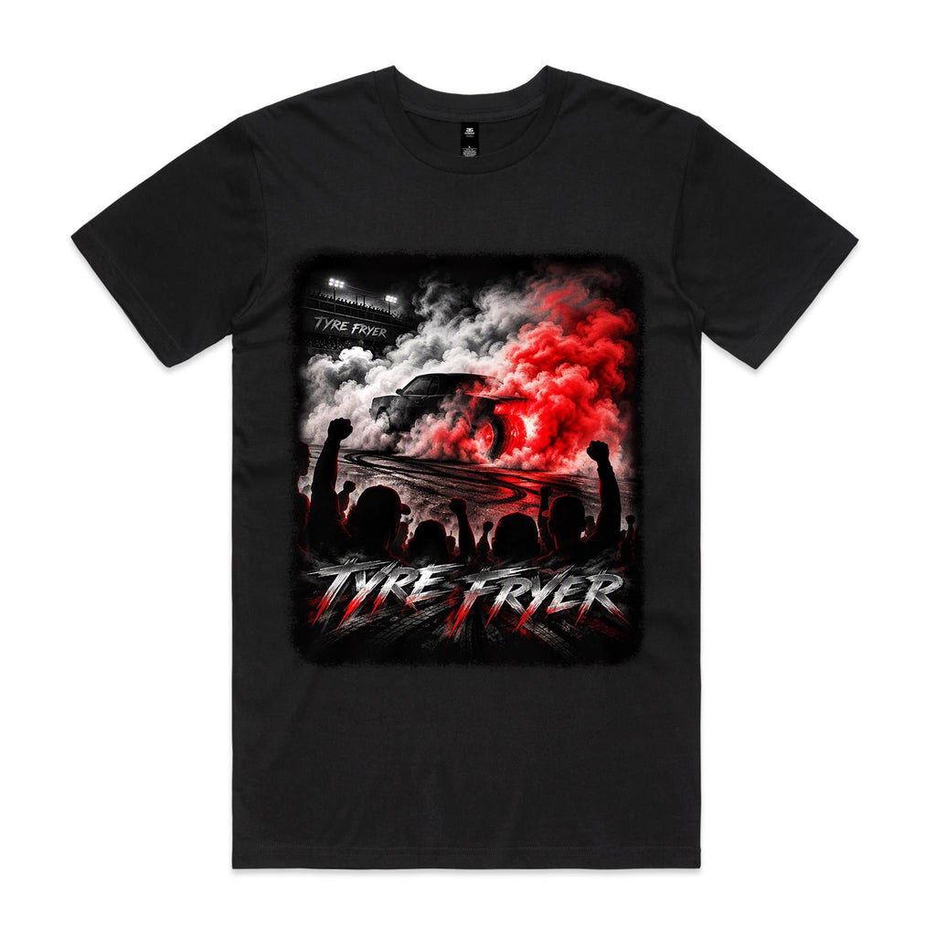 Front of Voltare Burnout Pit black tee with performance car, red and white tyre smoke and cheering crowd silhouettes