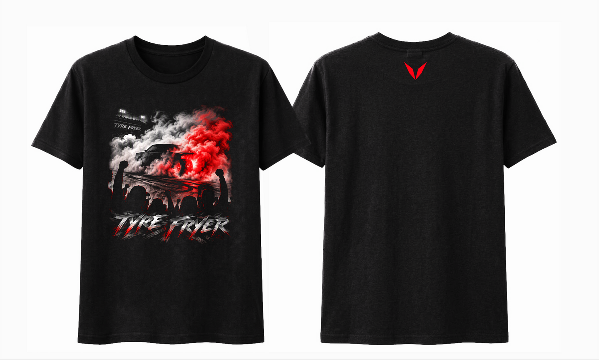 Front and back preview of Voltare Burnout Pit black tee with car and crowd burnout artwork and bright-red Voltare V logo