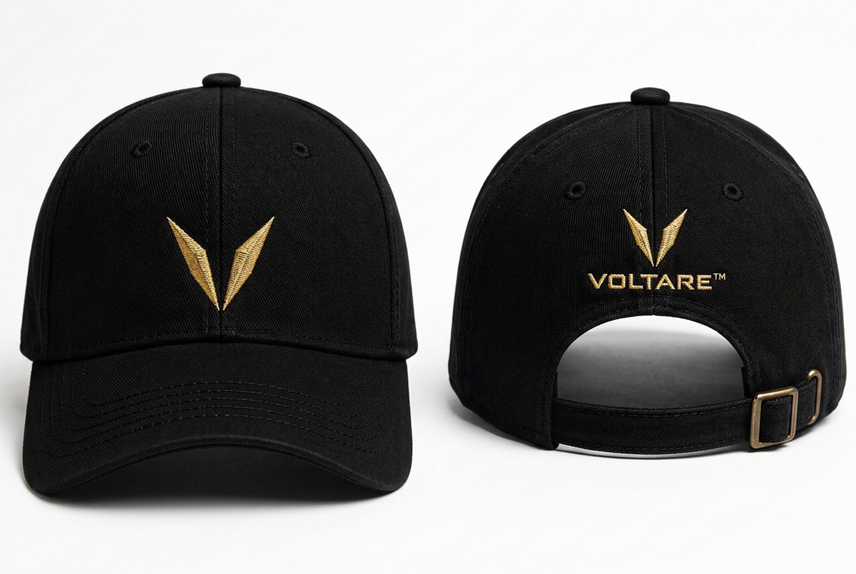 Front and back mockup of a black Voltare cap on a white background, showing gold V front embroidery and a gold V with VOLTARE wordmark above the rear opening.