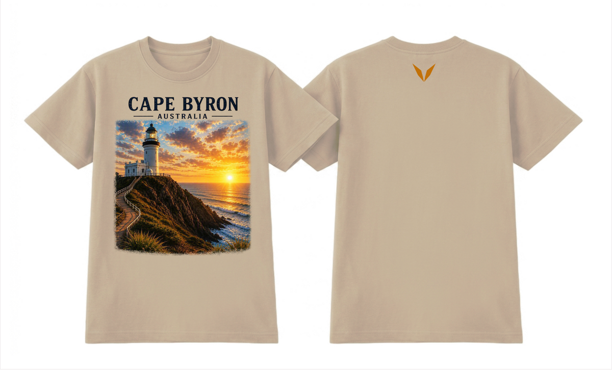 Front and back preview of the Ecru Voltare Cape Byron Lighthouse Golden Horizon tee with coastal lighthouse artwork and a golden-orange back V

