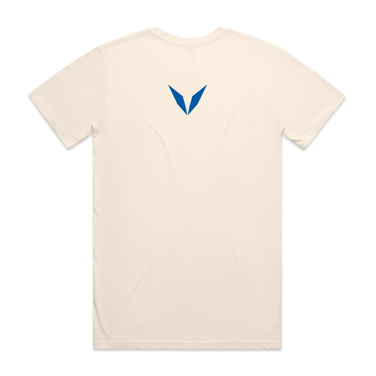 Back of the Ecru Voltare Cape York Coastal Escape tee with a blue Voltare V high on the back