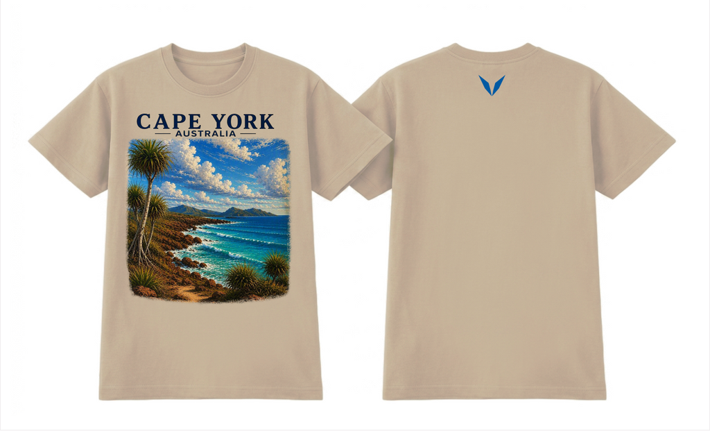 Front and back preview of the Ecru Voltare Cape York Coastal Escape tee with coastal artwork and a blue back V