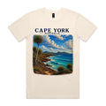 Ecru Voltare Cape York tee featuring pandanus trees, a rocky coastline and turquoise waves beneath Cape York Australia lettering