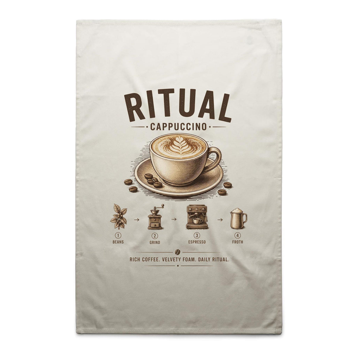 Voltare Cappuccino Ritual cream tea towel with frothy coffee, latte art, cup and saucer, coffee beans and illustrated coffee-making steps
