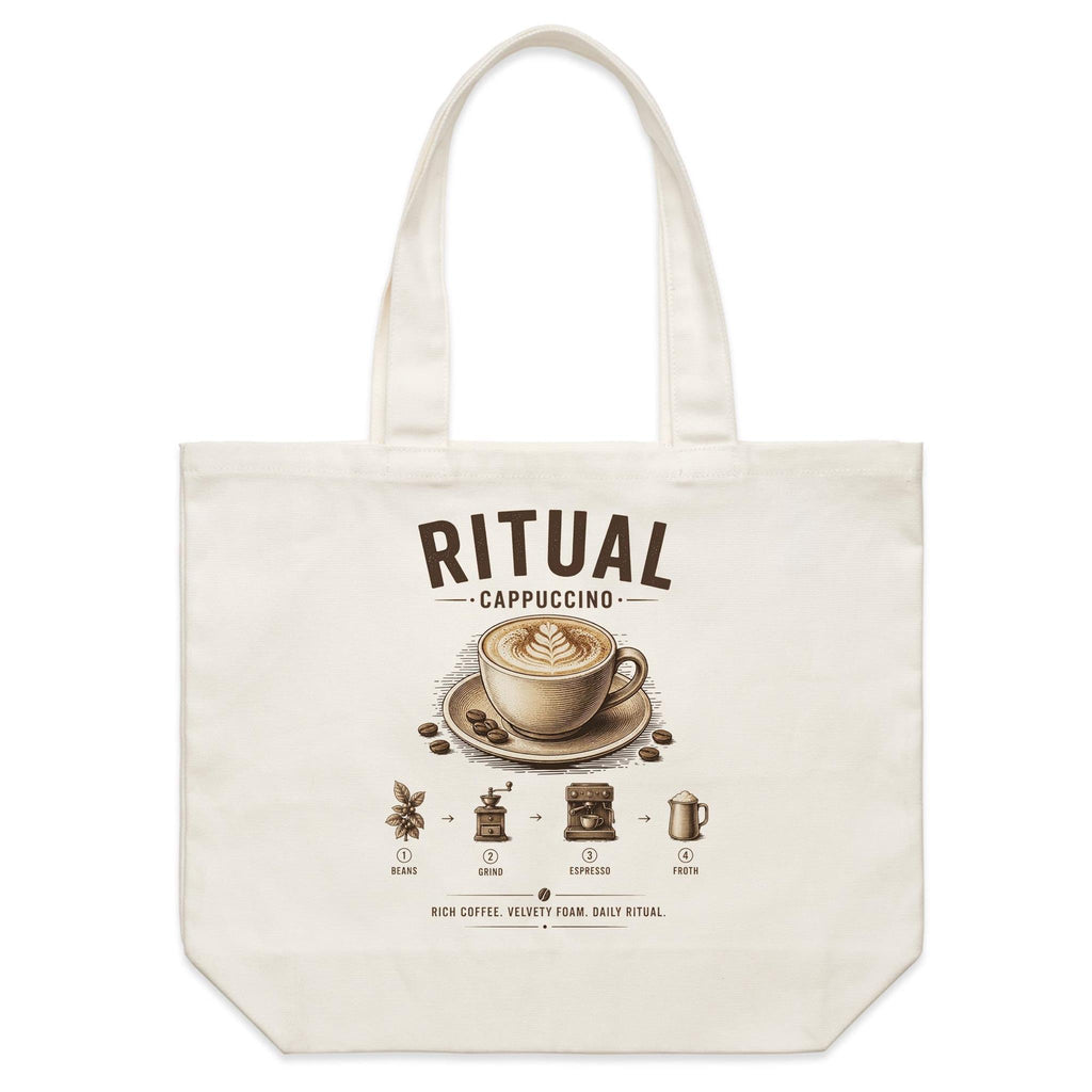 Back of Voltare Cappuccino Ritual natural canvas tote bag with matching frothy coffee, latte art and illustrated coffee-making steps