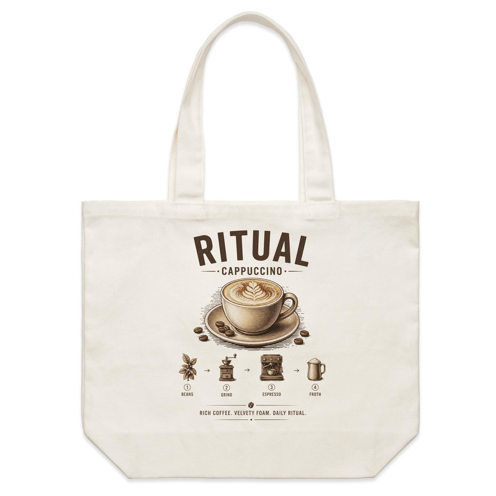 Front of Voltare Cappuccino Ritual natural canvas tote bag with frothy coffee, latte art and illustrated coffee-making steps