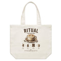 Front of Voltare Cappuccino Ritual natural canvas tote bag with frothy coffee, latte art and illustrated coffee-making steps