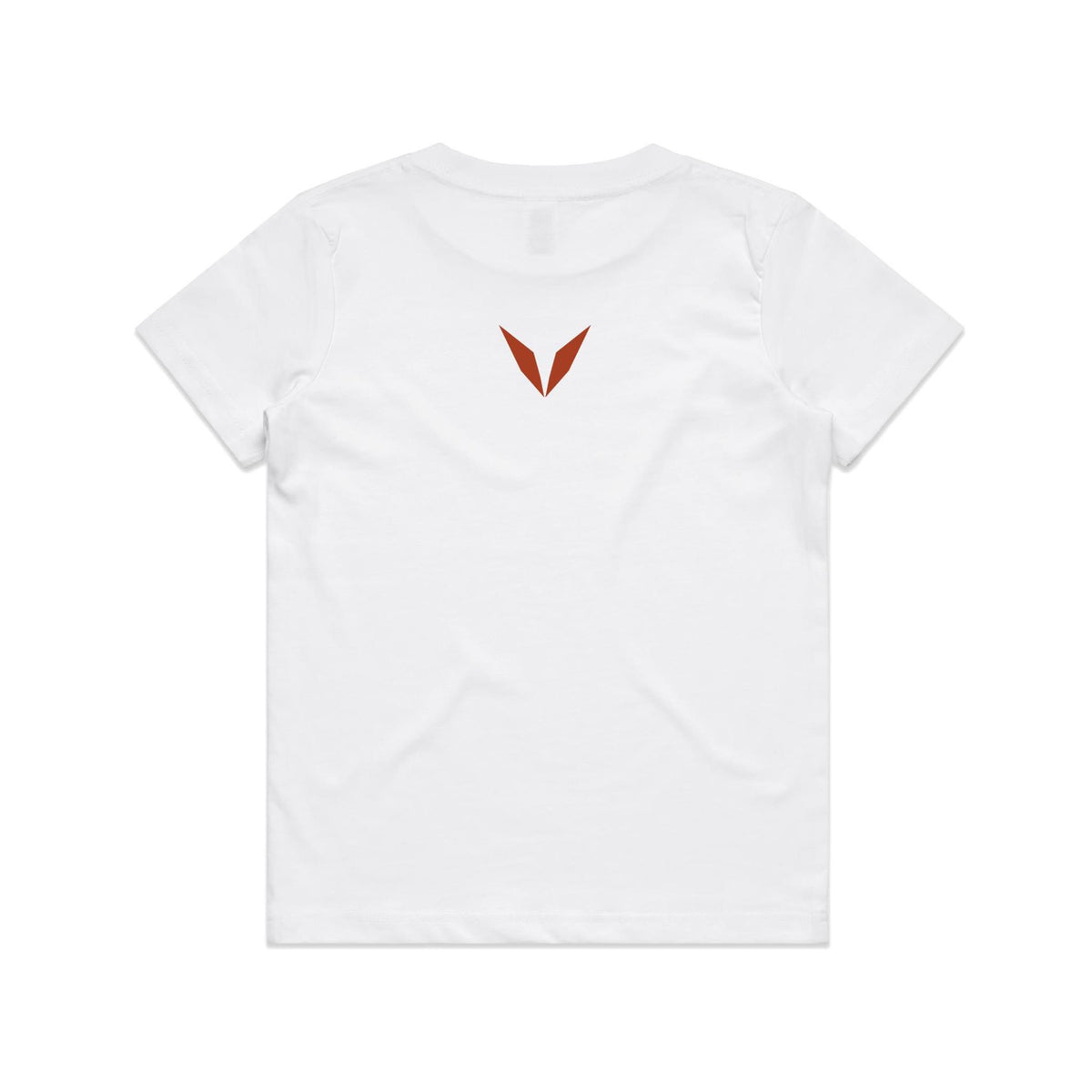 Back of the white Voltare Carnotaurus kids tee with a rust-red Voltare V below the neckline.