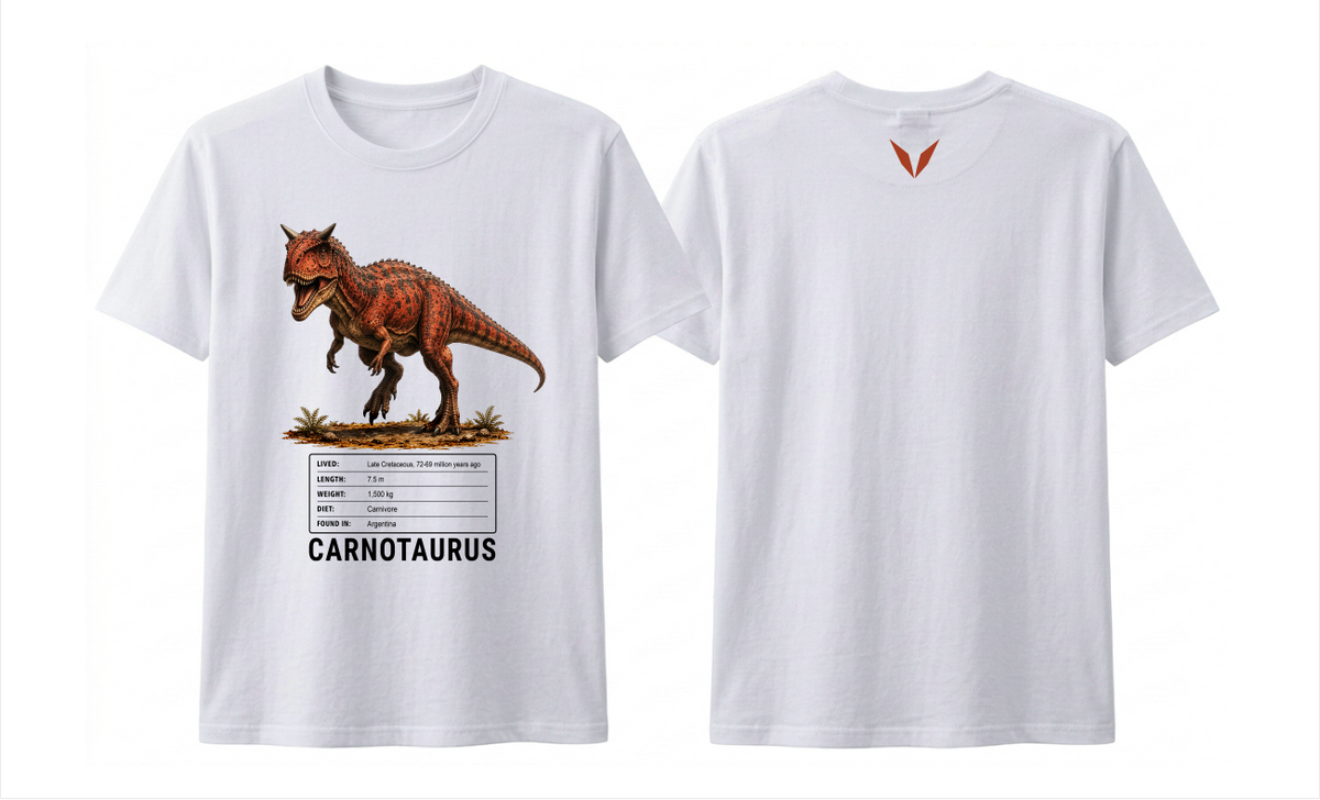 Front and back preview of the white Voltare Carnotaurus kids tee, showing horned dinosaur artwork and facts on the front and a rust-red V on the back.