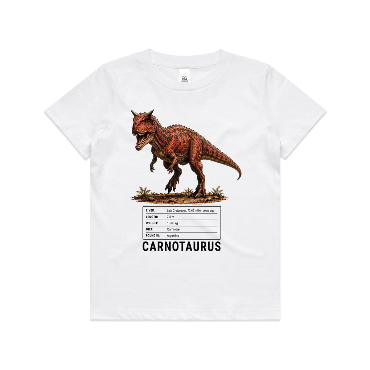 White Voltare kids tee with rust-red Carnotaurus artwork, two brow horns, a dinosaur facts panel and black Carnotaurus lettering on the front.