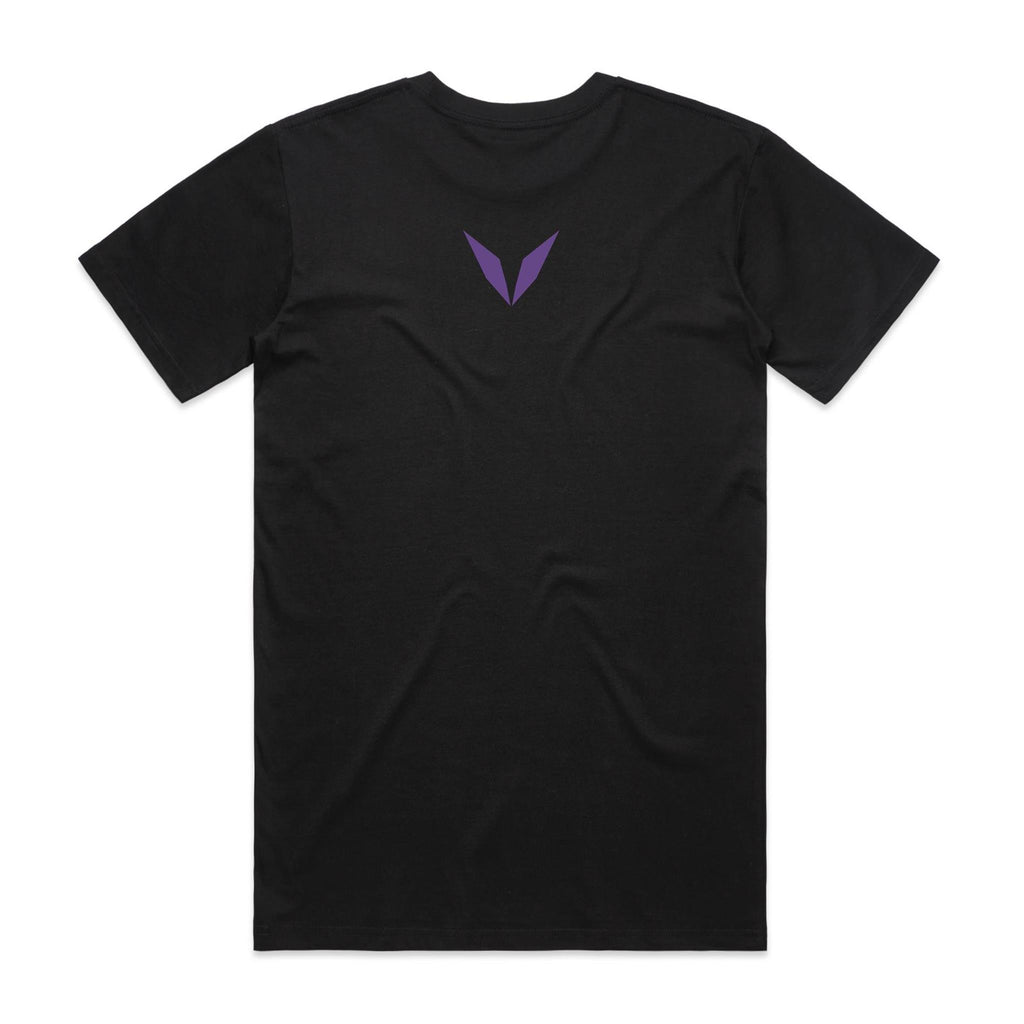 Voltare Catatumbo Lightning black t-shirt back view with purple Voltare V logo on the upper back