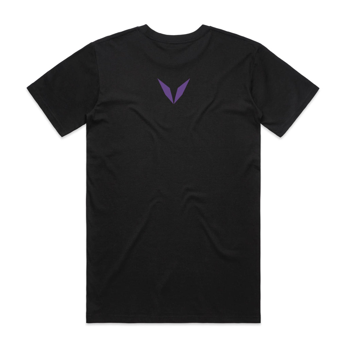 Voltare Catatumbo Lightning black t-shirt back view with purple Voltare V logo on the upper back
