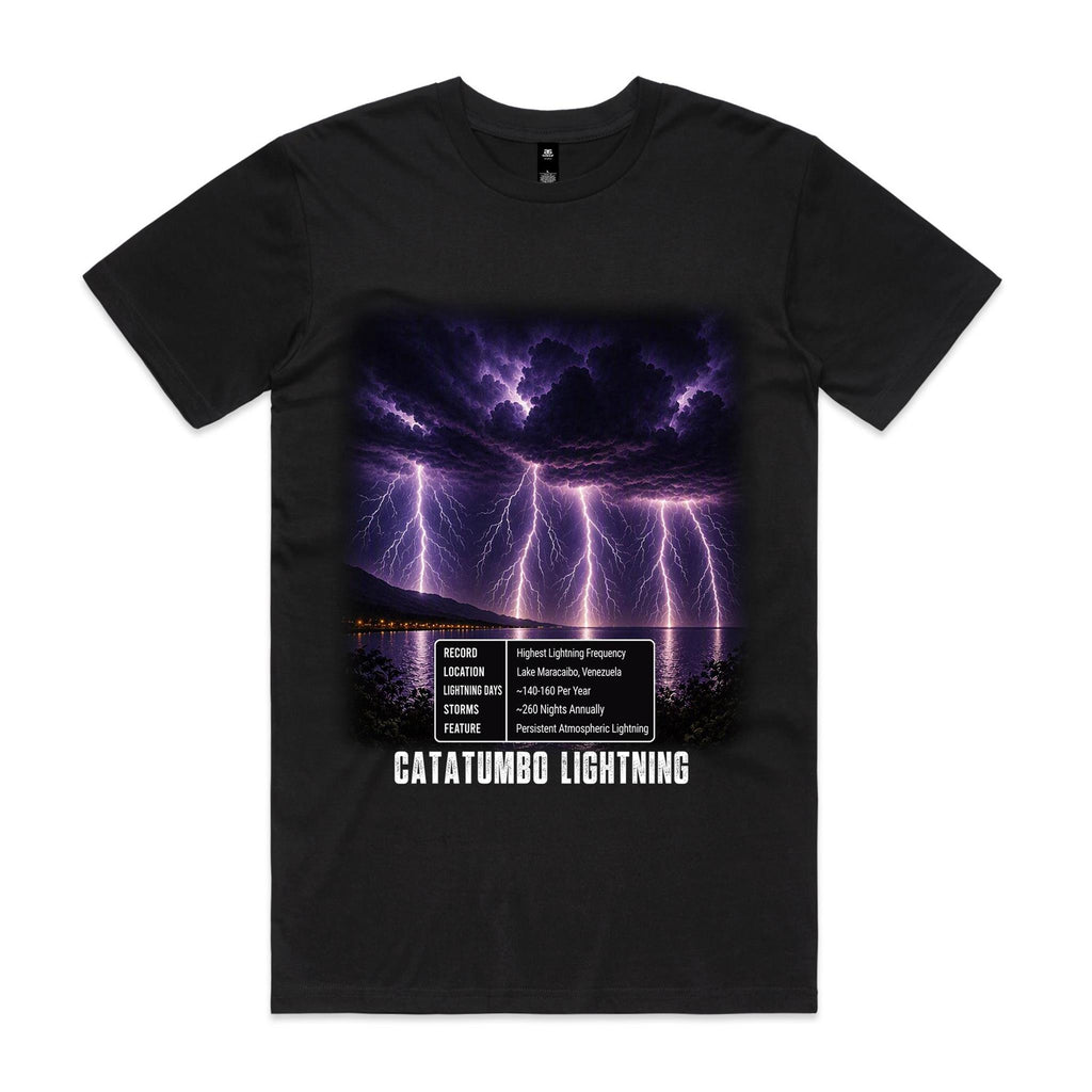 Voltare Catatumbo Lightning black t-shirt front view with lightning strikes over dark water artwork and a Catatumbo Lightning facts panel