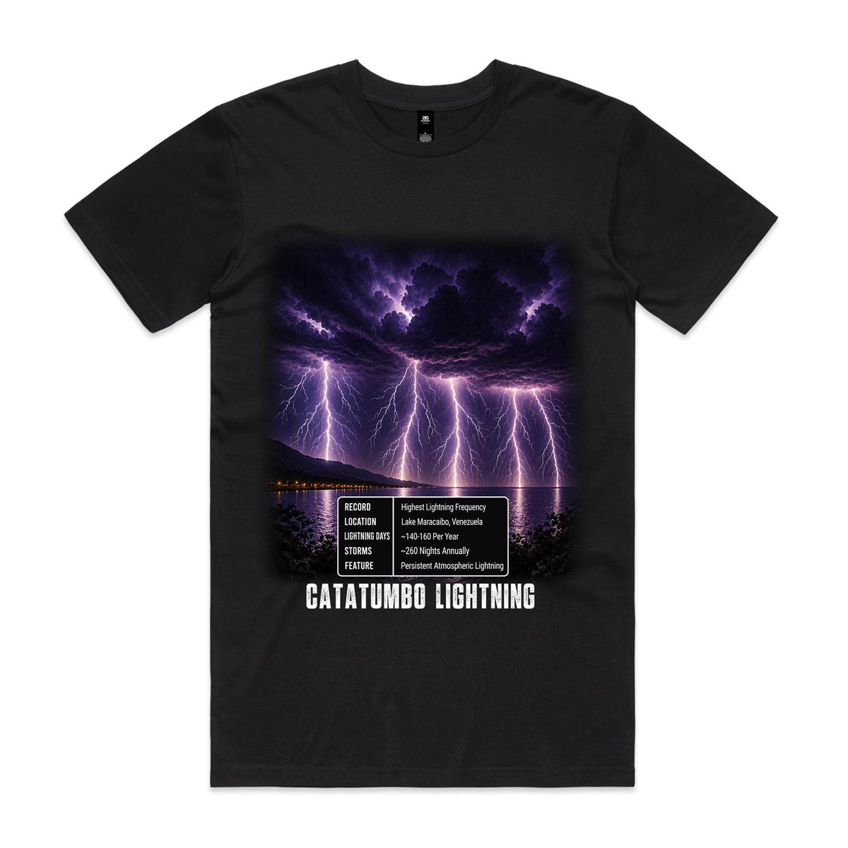 Voltare Catatumbo Lightning black t-shirt front view with lightning strikes over dark water artwork and a Catatumbo Lightning facts panel