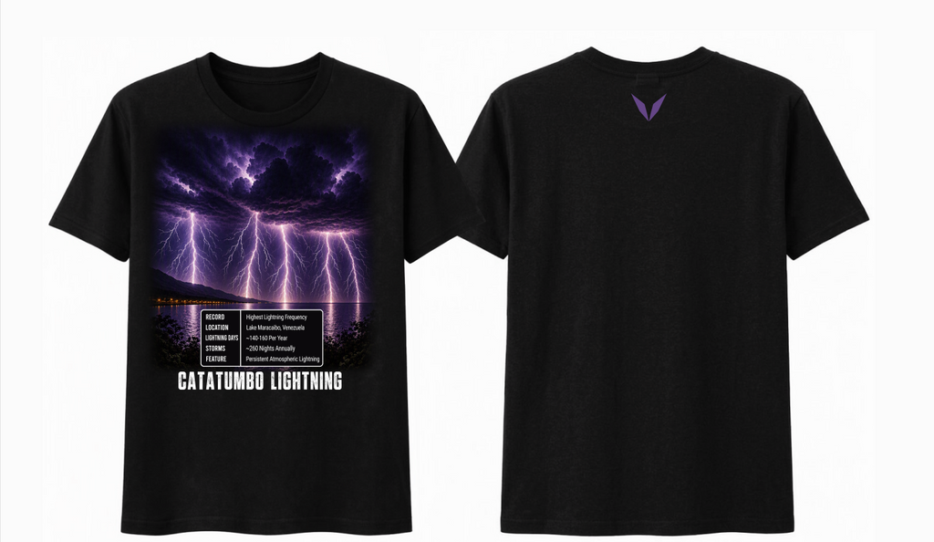 Voltare Catatumbo Lightning black t-shirt showing the front lightning design and the back purple Voltare V logo together