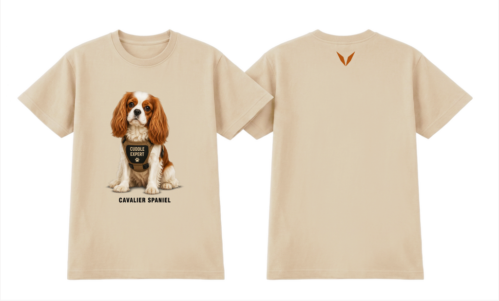 Front and back preview of the Ecru Voltare Cavalier Spaniel Cuddle Expert tee with dog artwork and a burnt-orange back V