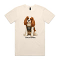 Ecru Voltare Cavalier Spaniel tee featuring a chestnut-and-white dog in a tan harness with Cuddle Expert wording