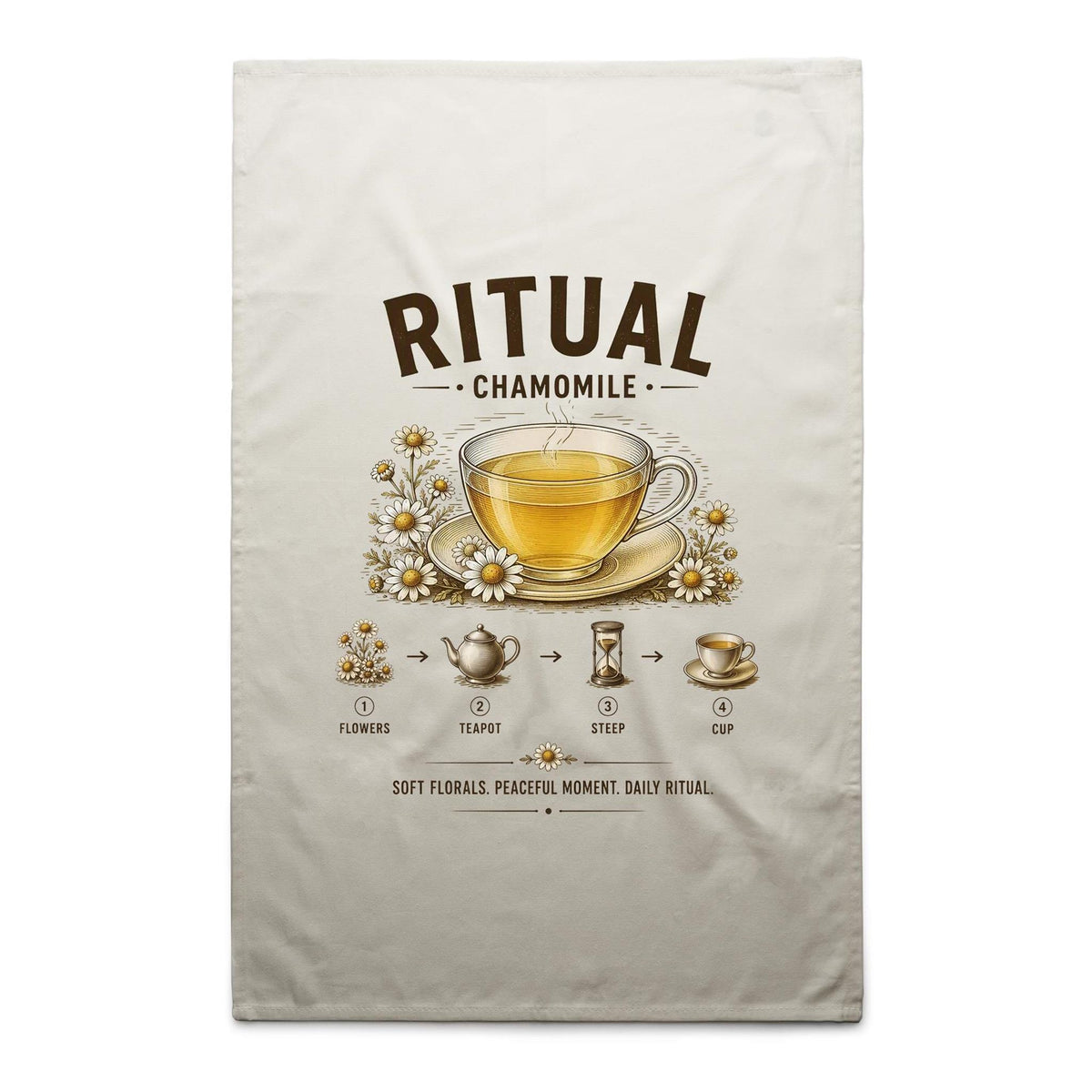 Voltare Chamomile Ritual cream tea towel with brown lettering, golden tea in a glass cup, chamomile flowers and illustrated brewing steps