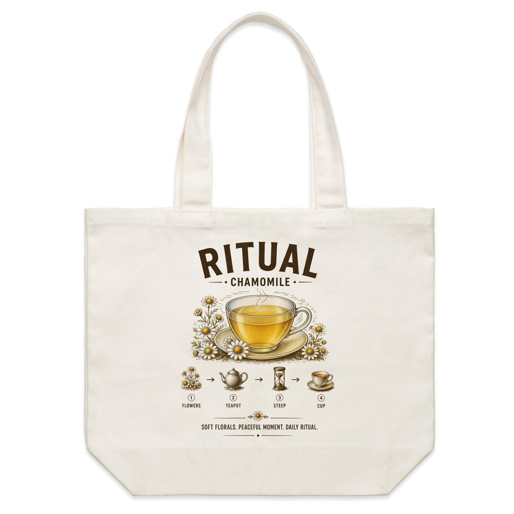 Back of Voltare Chamomile Ritual natural canvas tote bag with matching golden tea, glass cup, white chamomile flowers and illustrated brewing steps