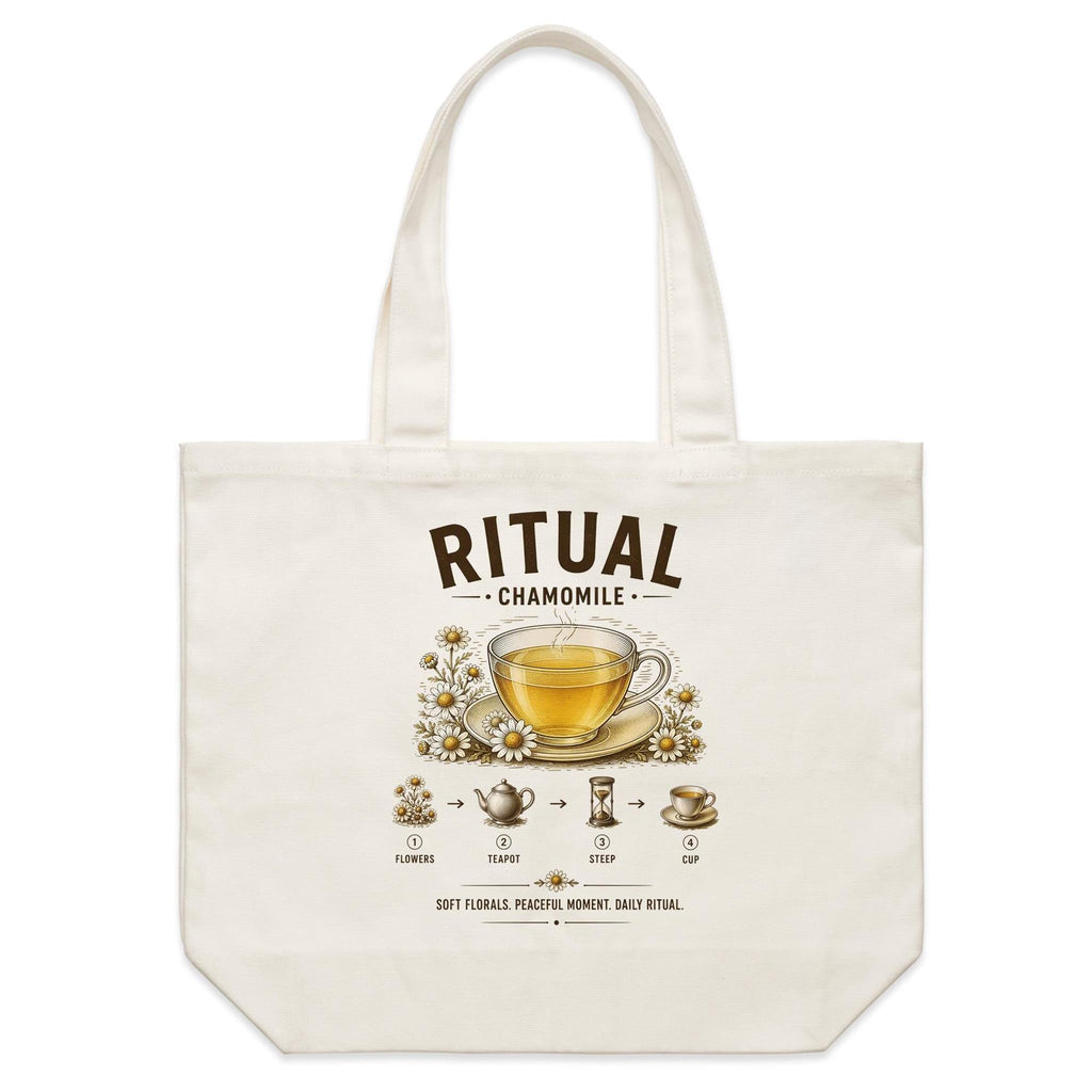 Front of Voltare Chamomile Ritual natural canvas tote bag with golden tea, glass cup, white chamomile flowers and illustrated brewing steps