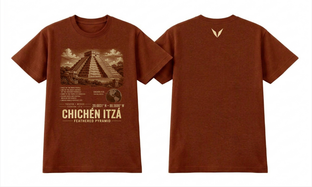Front and back of the Clay Voltare Chichén Itzá Feathered Pyramid tee, showing El Castillo pyramid artwork above facts, a Yucatán map, coordinates and landmark lettering, with a small pale gold Voltare V high on the back