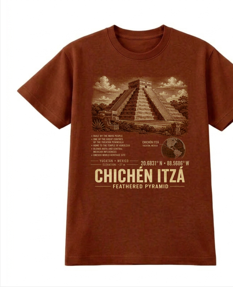 Front of the Clay Voltare Chichén Itzá Feathered Pyramid tee, featuring El Castillo pyramid artwork above historical facts, a Yucatán location map, coordinates and Chichén Itzá Feathered Pyramid lettering