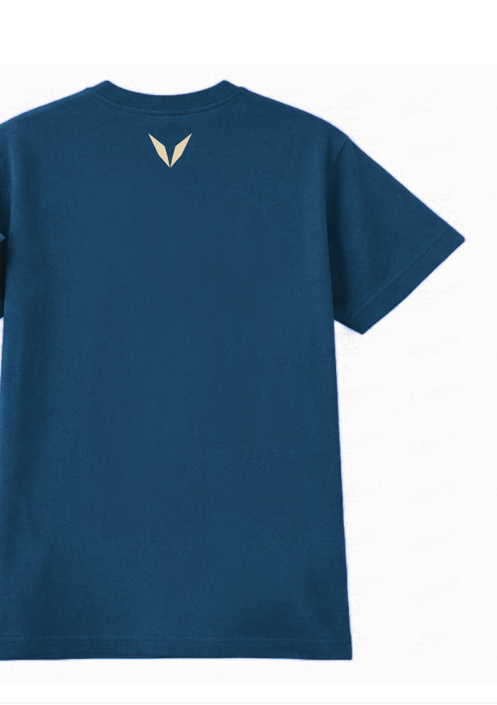 Back of the Midnight Blue Voltare Christ the Redeemer Sky Guardian tee with a small sand-coloured Voltare V high on the back