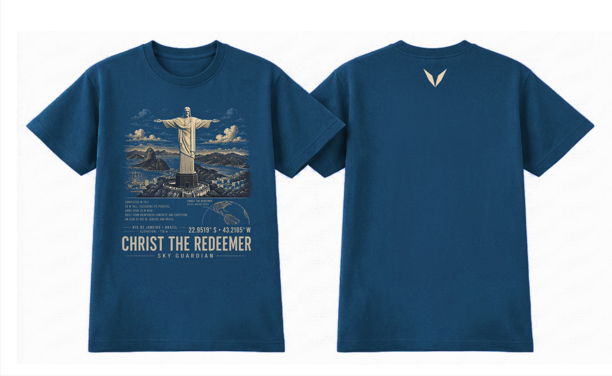 Front and back of the Midnight Blue Voltare Christ the Redeemer Sky Guardian tee, showing statue and Rio de Janeiro artwork above facts, a map, coordinates and landmark lettering, with a small sand-coloured Voltare V high on the back