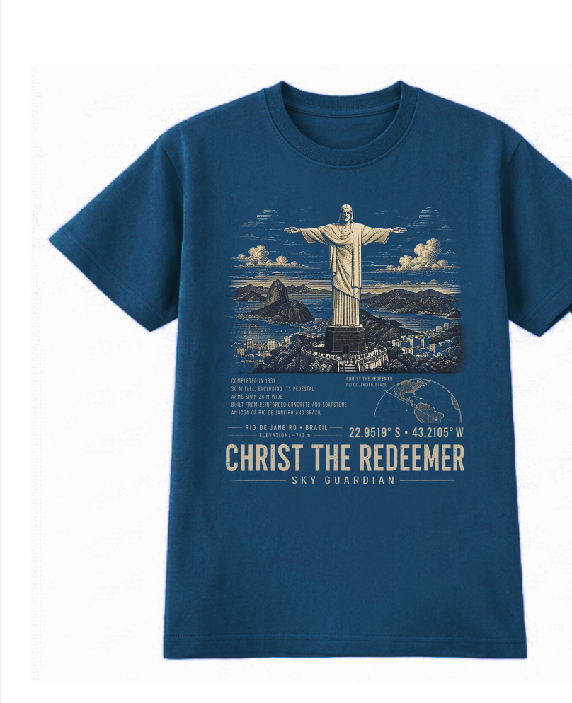Front of the Midnight Blue Voltare Christ the Redeemer Sky Guardian tee, featuring statue and Rio de Janeiro artwork above historical facts, a location map, coordinates and Christ the Redeemer Sky Guardian lettering