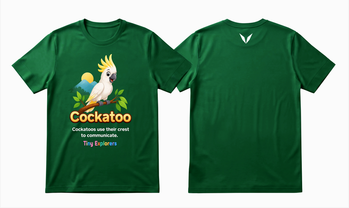 Combined front and back preview of Voltare Kelly Green Cockatoo Tiny Explorers kids T-shirt with cockatoo artwork and a white Voltare V.