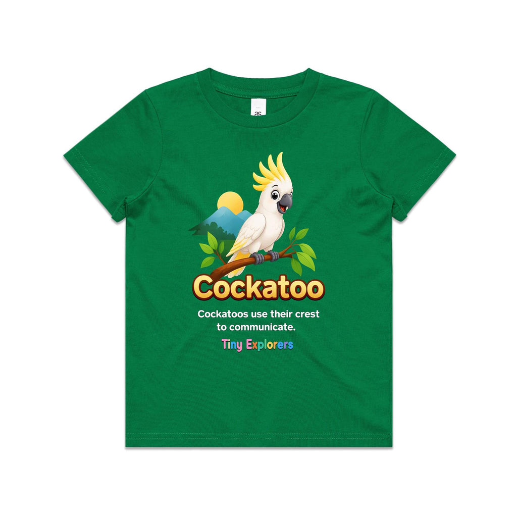Front of Voltare Kelly Green Cockatoo Tiny Explorers kids T-shirt with a white cockatoo, yellow crest and wildlife fact panel.