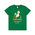 Front of Voltare Kelly Green Cockatoo Tiny Explorers kids T-shirt with a white cockatoo, yellow crest and wildlife fact panel.