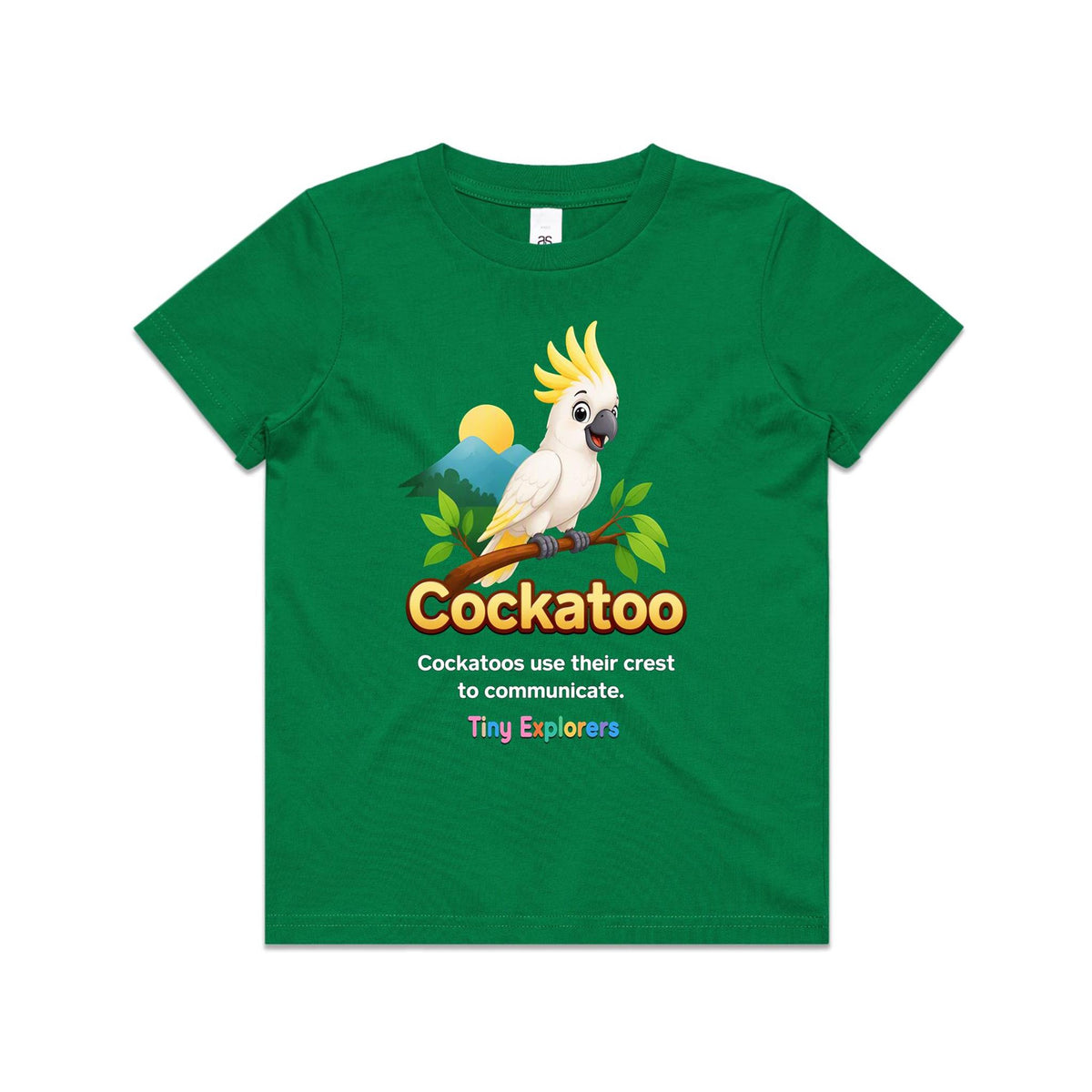 Front of Voltare Kelly Green Cockatoo Tiny Explorers kids T-shirt with a white cockatoo, yellow crest and wildlife fact panel.
