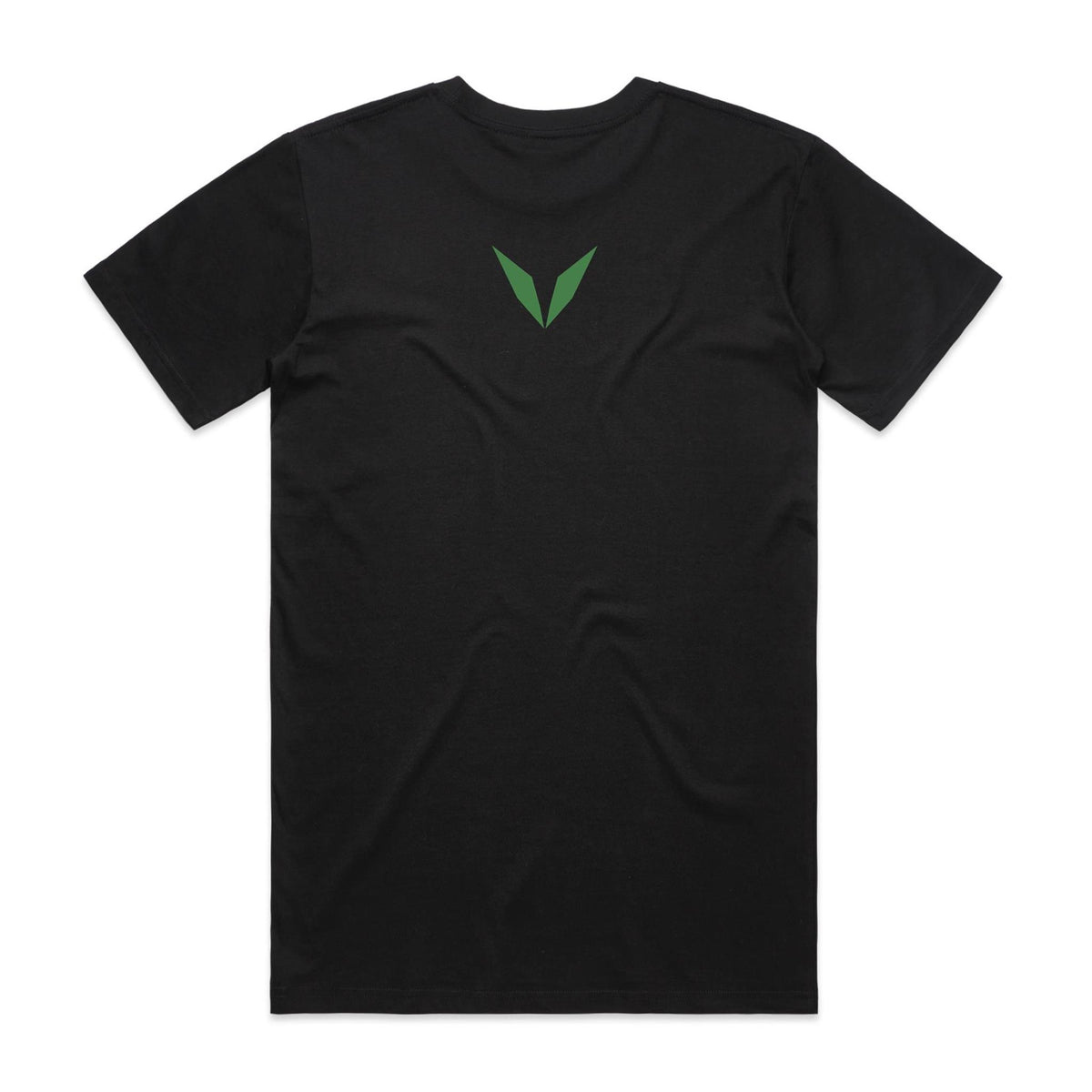 Back of the Black Voltare Cod River Giant Fishing tee with a green Voltare V high on the back