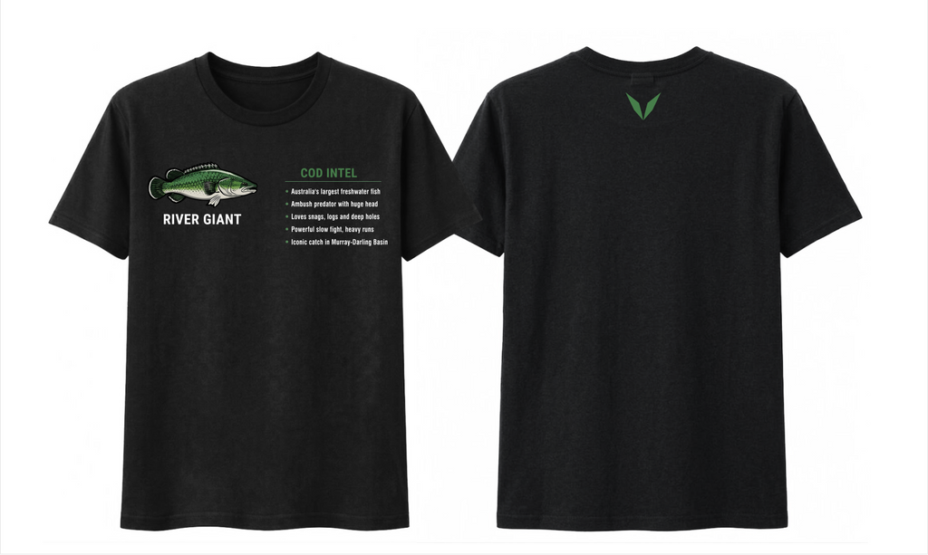 Front and back preview of the Black Voltare Cod River Giant Fishing tee with green-and-white cod artwork, a fishing fact panel and a green back V