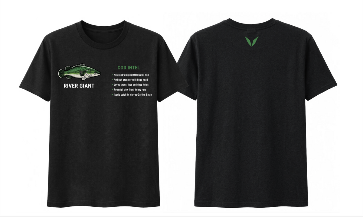 Front and back preview of the Black Voltare Cod River Giant Fishing tee with green-and-white cod artwork, a fishing fact panel and a green back V