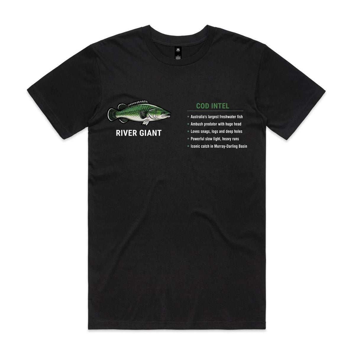 Black Voltare Cod River Giant fishing tee featuring a green-and-white cod illustration, River Giant lettering and a Cod Intel fishing fact panel