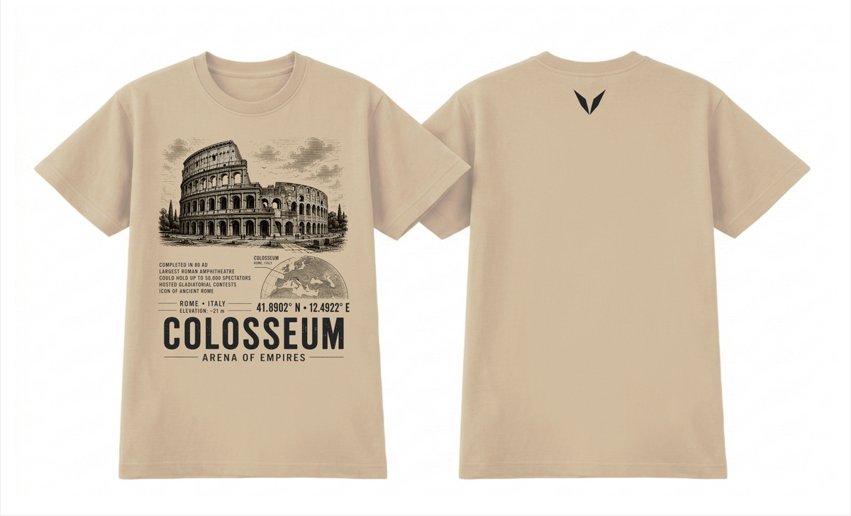 Front and back of the Khaki Voltare Colosseum Arena of Empires tee, showing Colosseum artwork above facts, a Rome map, coordinates and landmark lettering, with a small dark Voltare V high on the back