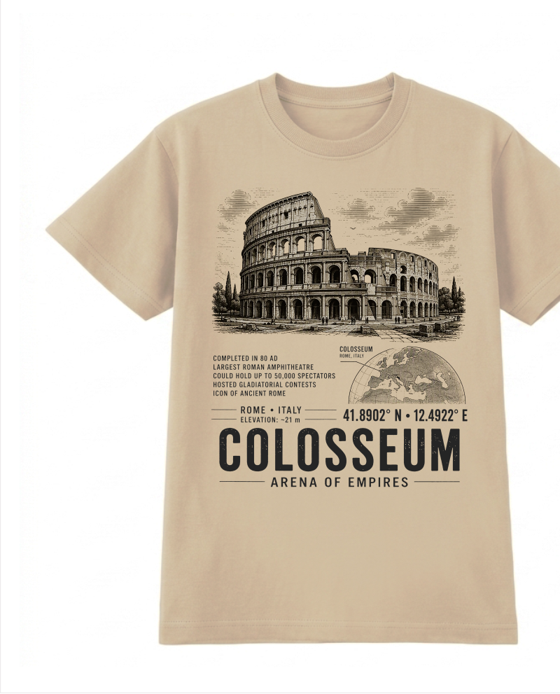 Front of the Khaki Voltare Colosseum Arena of Empires tee, featuring Colosseum artwork above historical facts, a Rome location map, coordinates and Colosseum Arena of Empires lettering