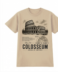 Front of the Khaki Voltare Colosseum Arena of Empires tee, featuring Colosseum artwork above historical facts, a Rome location map, coordinates and Colosseum Arena of Empires lettering
