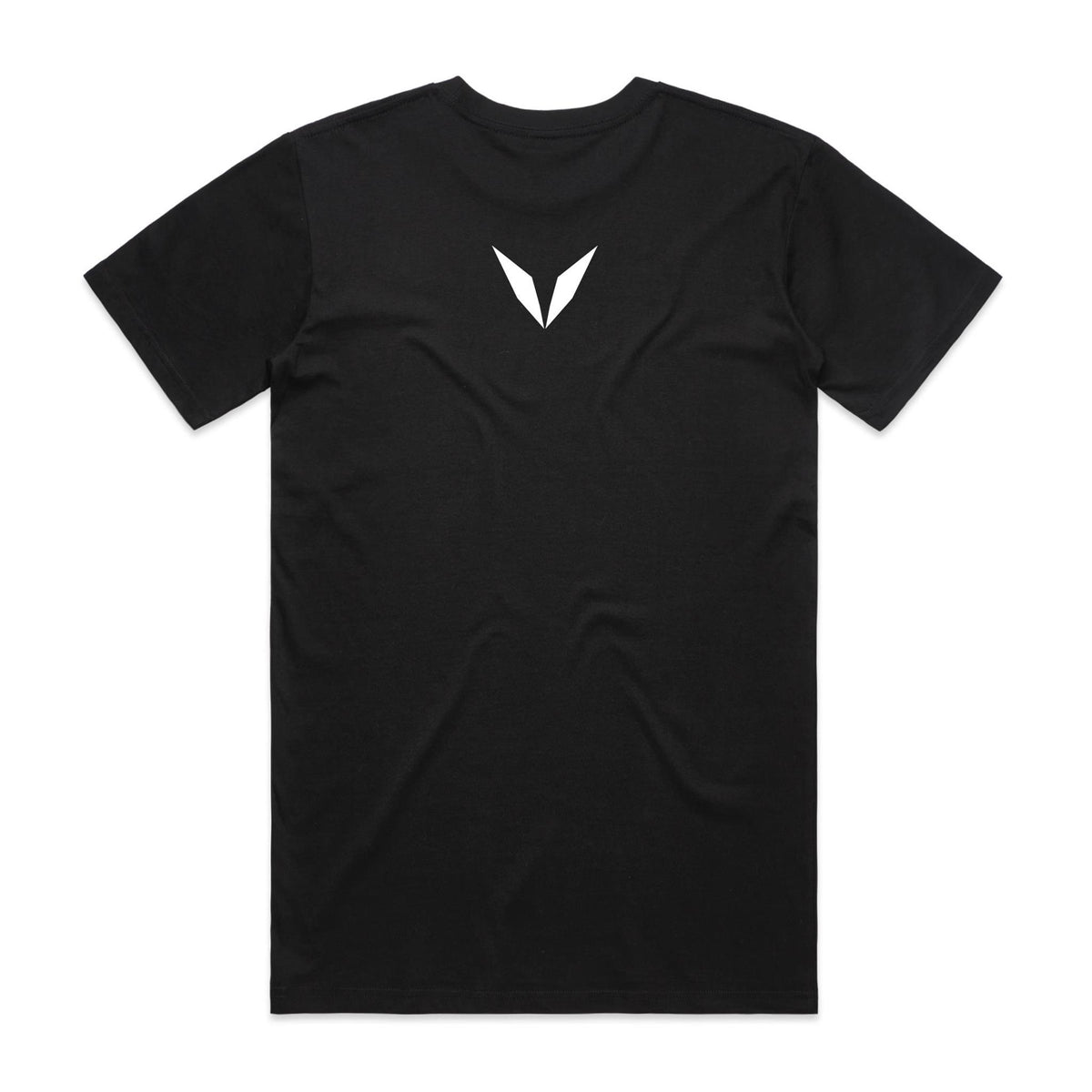 Back of the Black Voltare Connected Life Tech tee with a white Voltare V between the shoulder blades