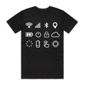 Front of the Black Voltare Connected Life Tech tee with twelve white interface icons including Wi-Fi, Bluetooth, location, battery, touch control and a microchip